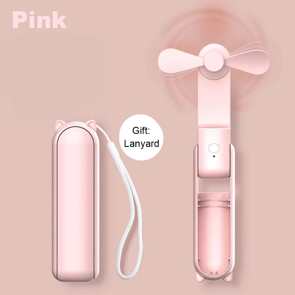 Ventilador portátil 2000mAh USB recargable 3 velocidades Mini ventilador plegable de mano pequeño ventilador de viaje de bolsillo con práctico banco de energía