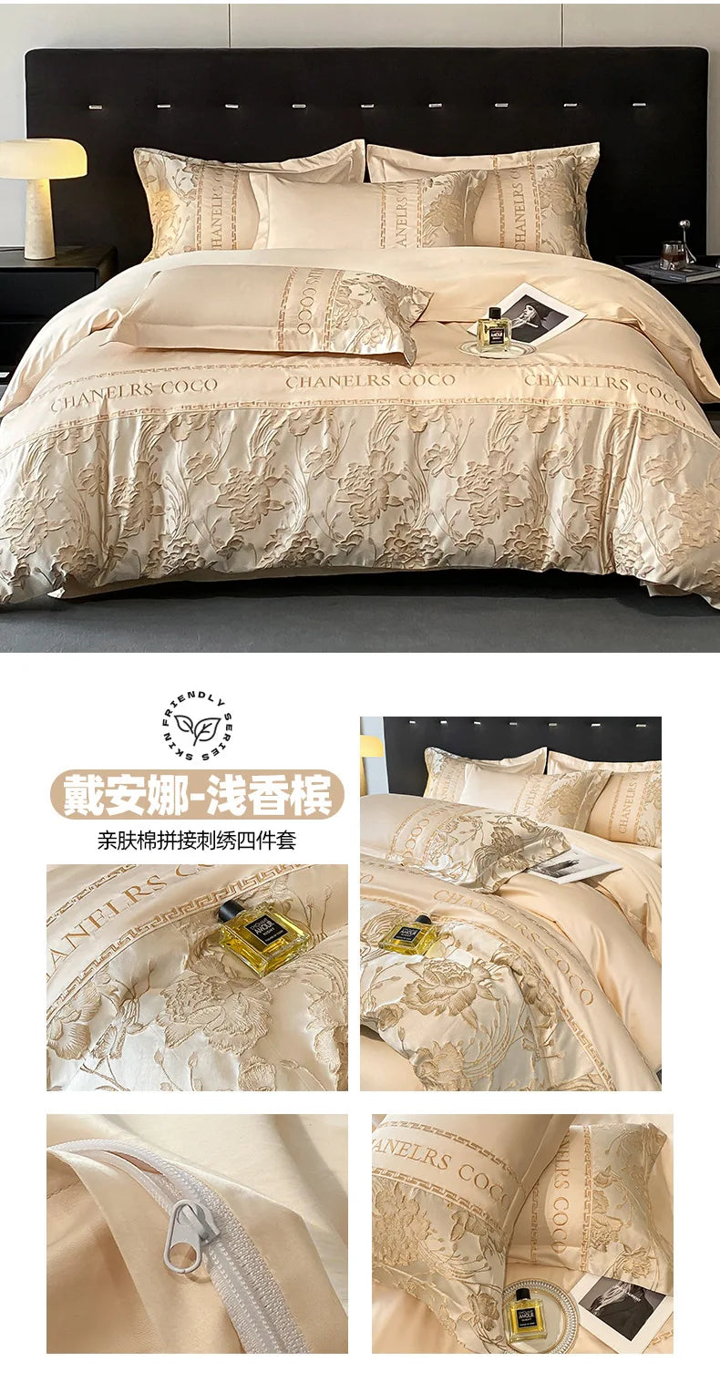 Juego de cama europeo de alta gama, juego de cuatro piezas de algodón de lujo, funda de edredón bordada de algodón, sábanas, sombreros, ropa de cama para personas mayores