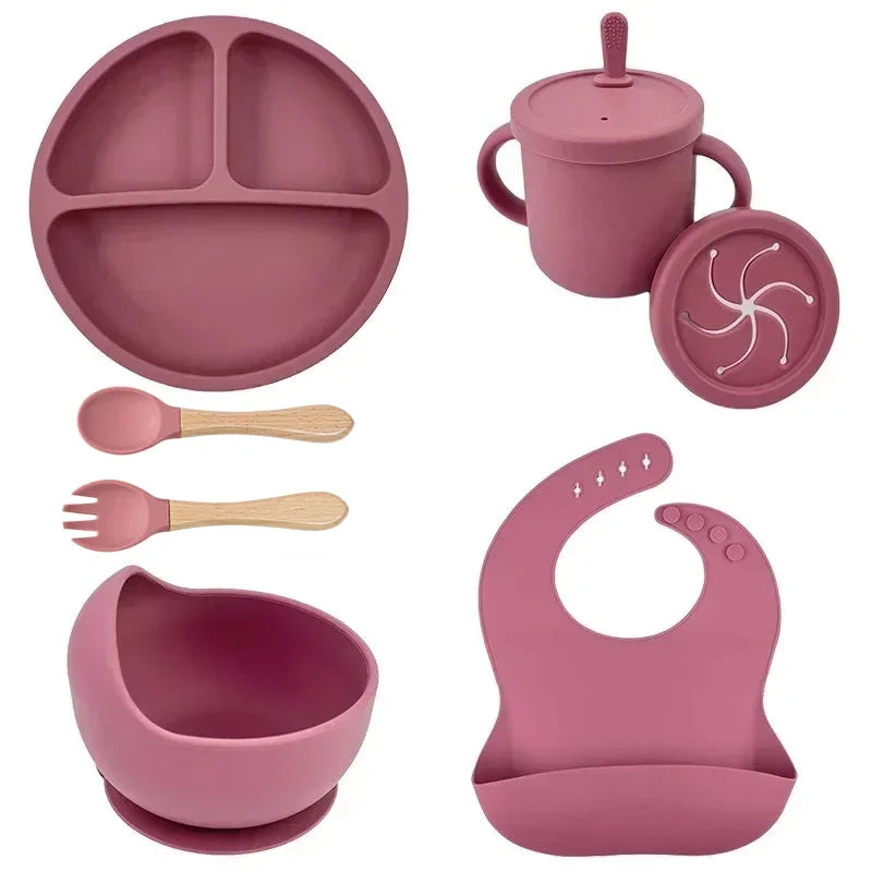 Juego de platos de silicona de grado alimenticio para niños, tazón de alimentación de bebé, plato de succión, taza de paja, cuchara de madera, tenedor, vajilla para niños, platos para niños pequeños