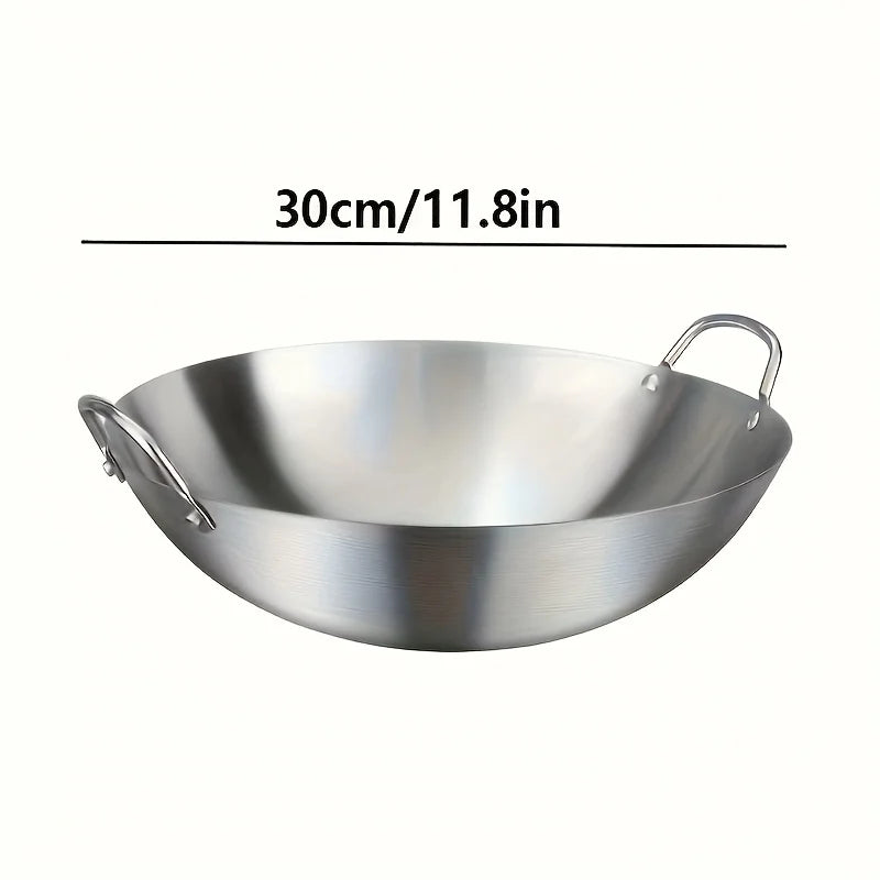 Wok grande de acero inoxidable, sartén de Chef duradera gruesa sin recubrimiento de alta calidad con asas dobles, fácil de limpiar para uso comercial, 1 ud.