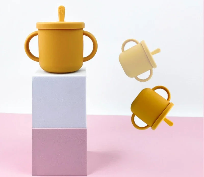 Juego de platos de silicona de grado alimenticio para niños, tazón de alimentación de bebé, plato de succión, taza de paja, cuchara de madera, tenedor, vajilla para niños, platos para niños pequeños