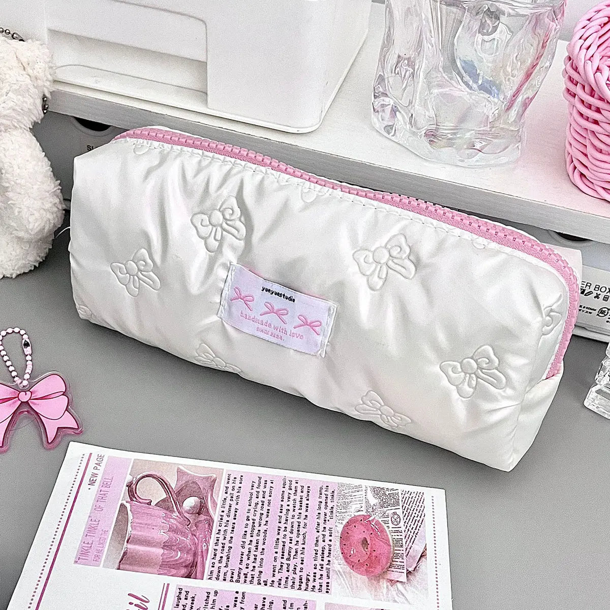 Estuche creativo para lápices con lazo rosa, bolsas para lápices de gran capacidad, bolsa organizadora de papelería multifuncional, 1 ud.
