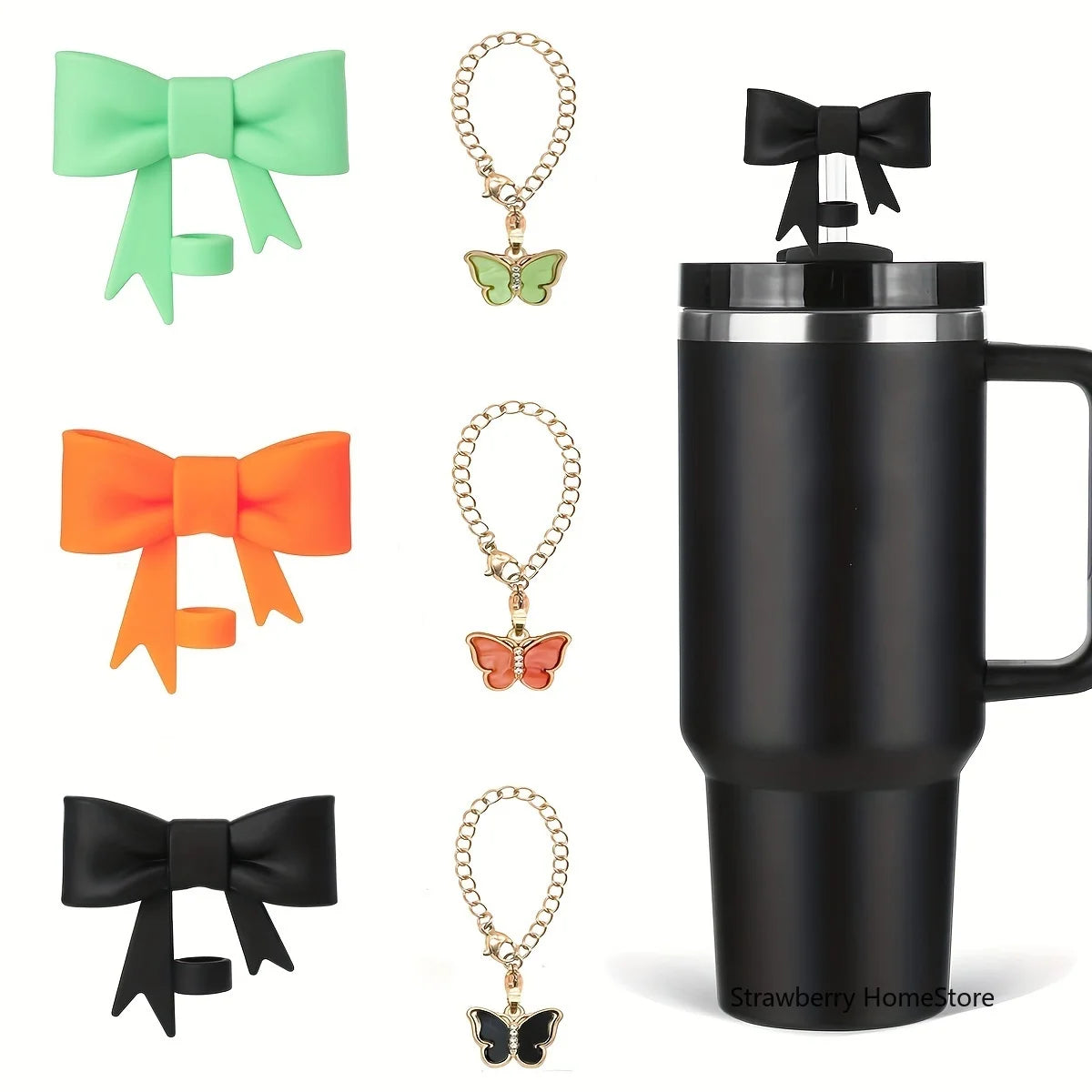 Juego de 3 Cubiertas de Silicona para Vasos con Diseño de Lazo y Cadena de Mariposa Rosa, Accesorios para Vasos de 30/40 oz ﻿