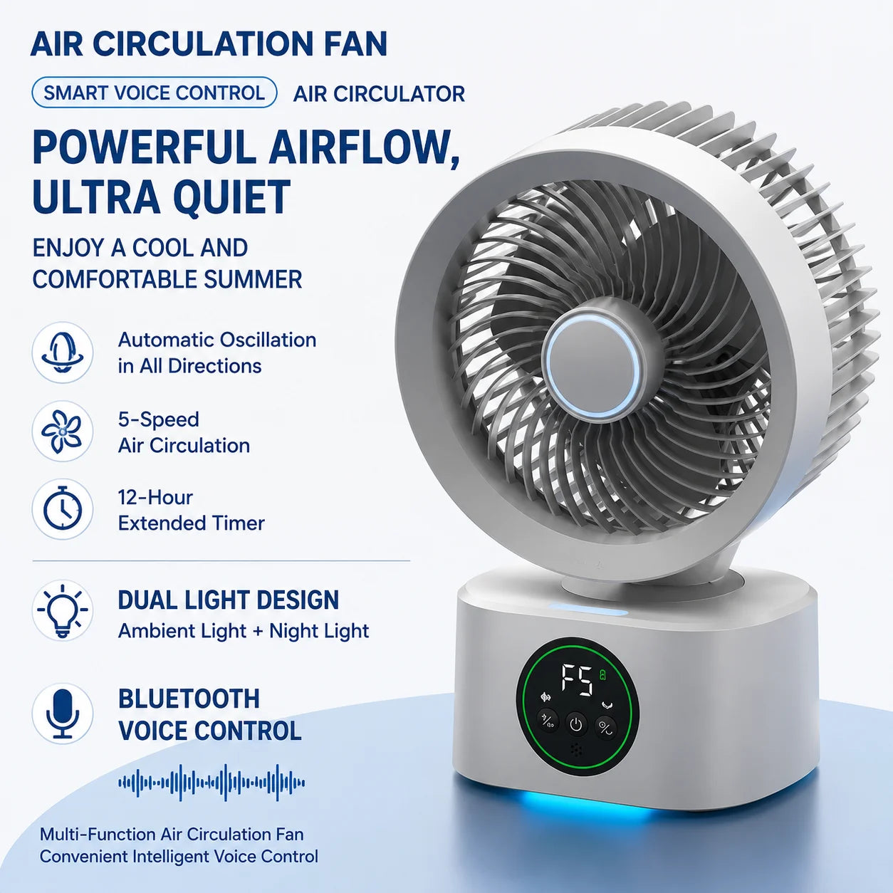 Ventilador Portátil de Pared con Control Remoto, Ventilador Eléctrico Plegable Recargable por USB con Luz Nocturna y Control por Voz Inteligente