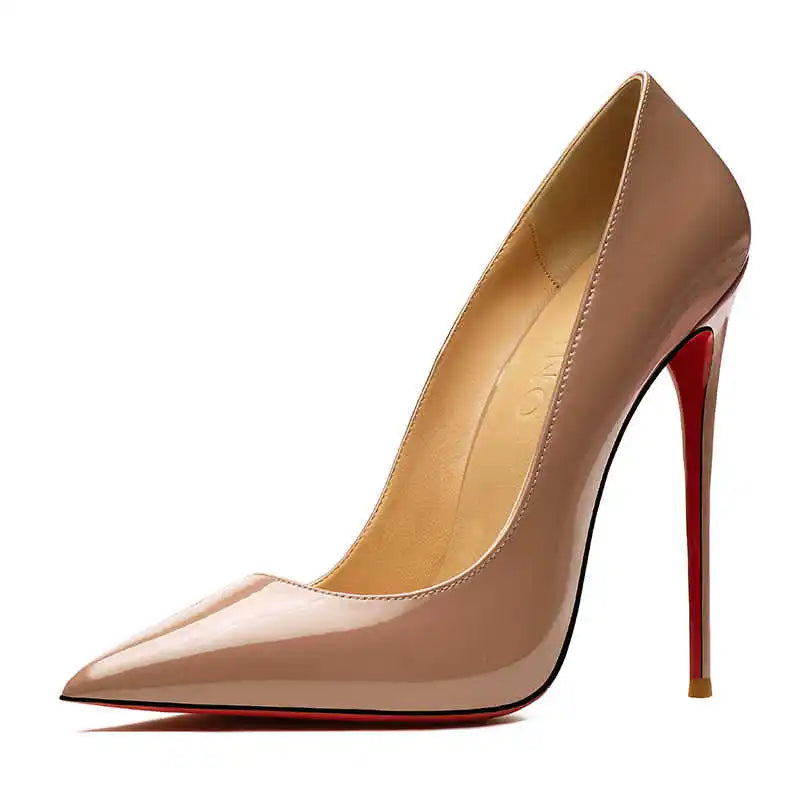 Zapatos de mujer 2025, marca de lujo, zapatos de tacón con suela roja, fondo rojo, puntiagudos, tacones altos de diseñador, zapatos elegantes de fiesta a la moda para mujer, 12cm
