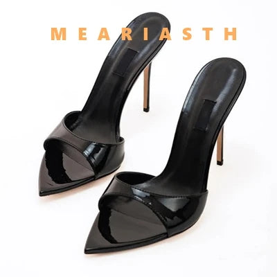 Mulas de cuero de Color caramelo para mujer, zapatos de tacón alto fino con punta abierta y punta abierta, zapatillas modernas sexis para fiesta para primavera y verano