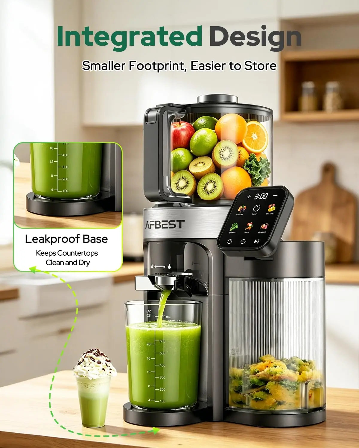 Exprimidor de prensado en frío mejorado 2026 – Boca extra ancha de 6.5 pulgadas, Tolva de alimentación automática de 100 oz, Exprimidor lento inteligente 3 en 1 con pantalla táctil para sorbetes y leche de frutos secos,