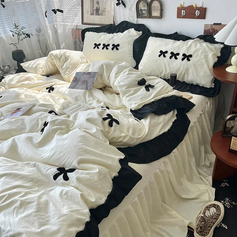 Juego de cama de algodón con lazo negro, funda nórdica suave y agradable para la piel estilo princesa para niña, sábana o funda de almohada para falda de cama