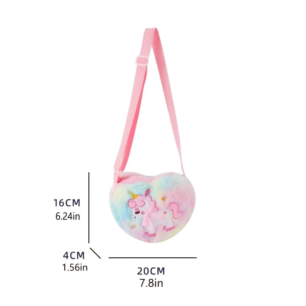 Lindo unicornio para niñas, bolso de hombro con cremallera de corazón de felpa, bolso de mensajero, monedero, cartera, bolso cruzado, regalo para niños, Mochila pequeña