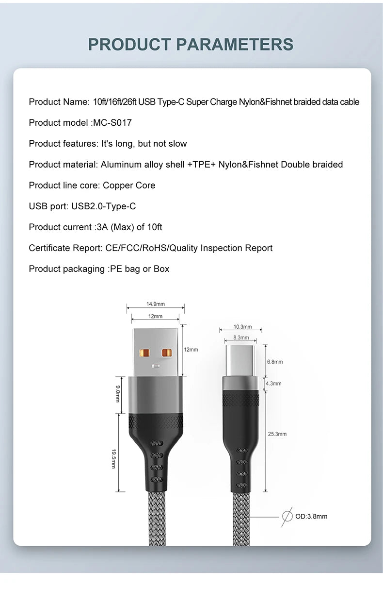 Cable de carga USB tipo C 6A para Huawei USB C extendido 1m 2m 3m 5m Cable de 8 metros para Xiaomi Vivo Leeco OnePlus Oppo