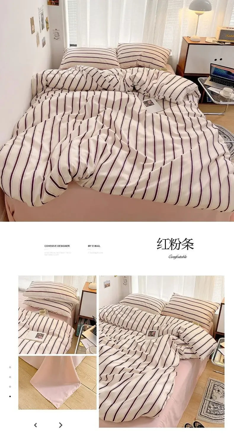 Juego de sábanas de cuatro piezas con funda nórdica de rayas rojas y azules simples con ropa de cama de algodón lavada en la cama