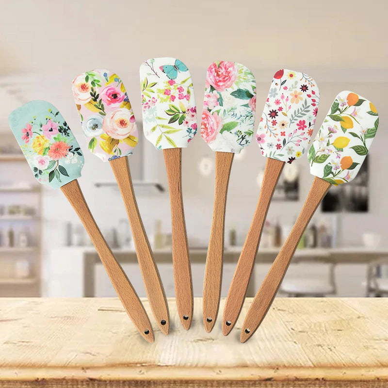 Utensilios de cocina de silicona antiadherentes con mango de madera, espátula, cuchara, juegos de cepillos, herramientas de cocina para hornear coloridas, 30,5 cm