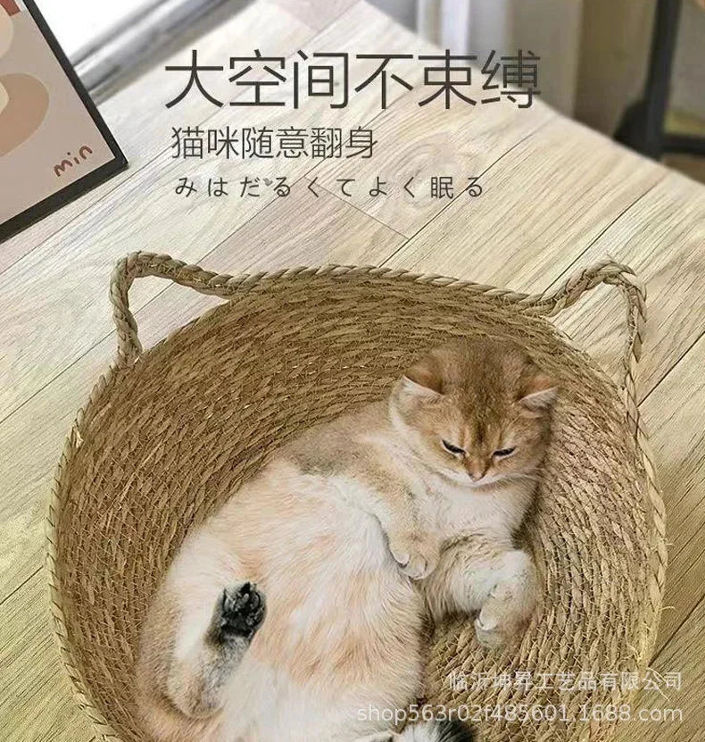 Cesta para gatos tejida de ratán con cojín suave, diseño de Donut redondo, nido para dormir cómodo y cálido para gatos y perros