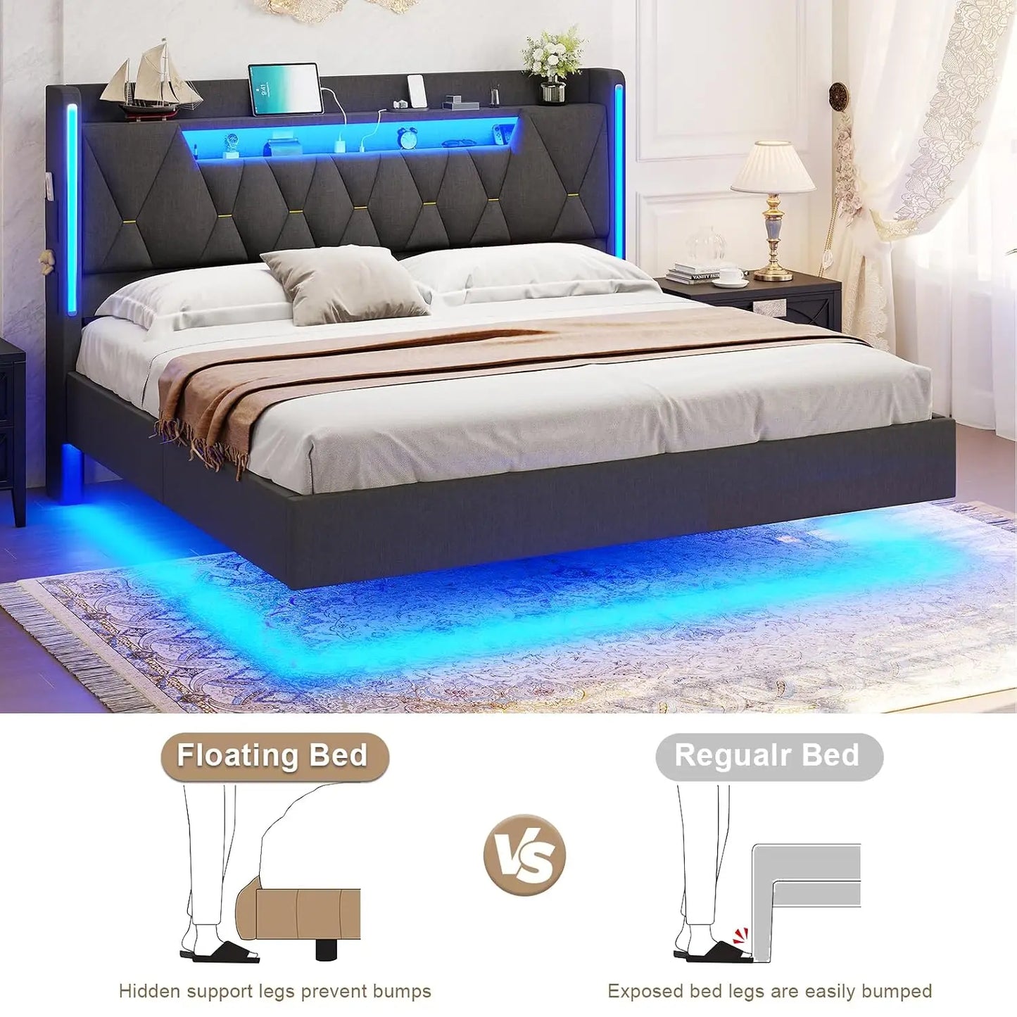 Base de Cama Flotante King con Cabecero con Almacenamiento, Base de Cama King Size, Gris |   Base de Cama Tapizada Tamaño King, Personalizable