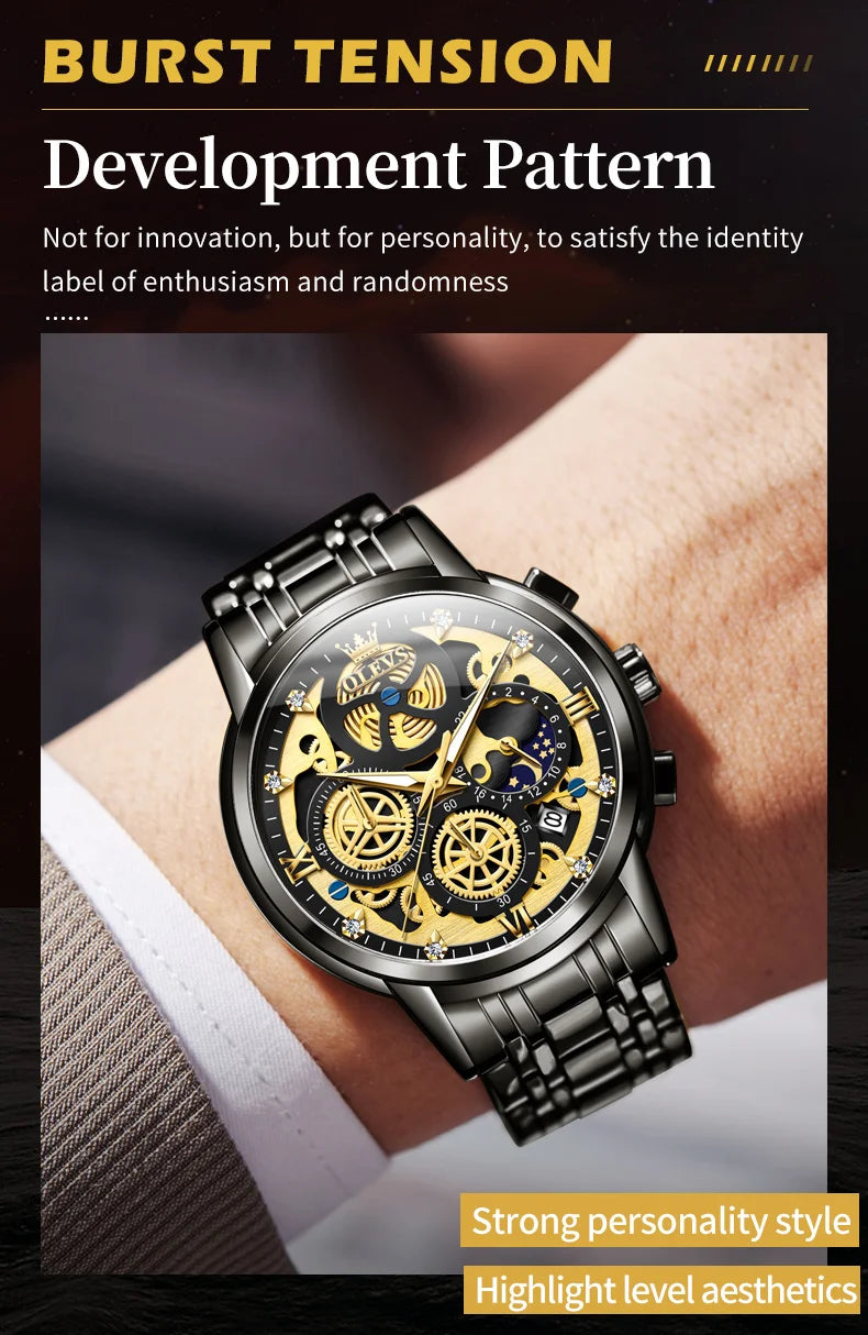 Relojes OLEVS para hombre, marca superior, reloj de cuarzo Original resistente al agua de lujo para hombre, estilo esqueleto dorado, 24 horas de día y noche, nuevo