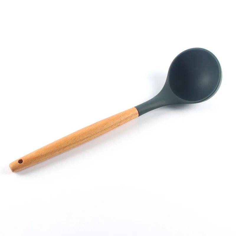 Juego de 12 utensilios de cocina de silicona con mango de madera, espátula antiadherente, cuchara para sopa y freír