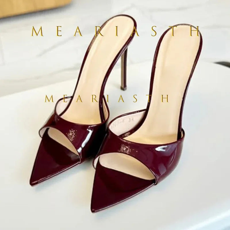 Mulas de cuero de Color caramelo para mujer, zapatos de tacón alto fino con punta abierta y punta abierta, zapatillas modernas sexis para fiesta para primavera y verano