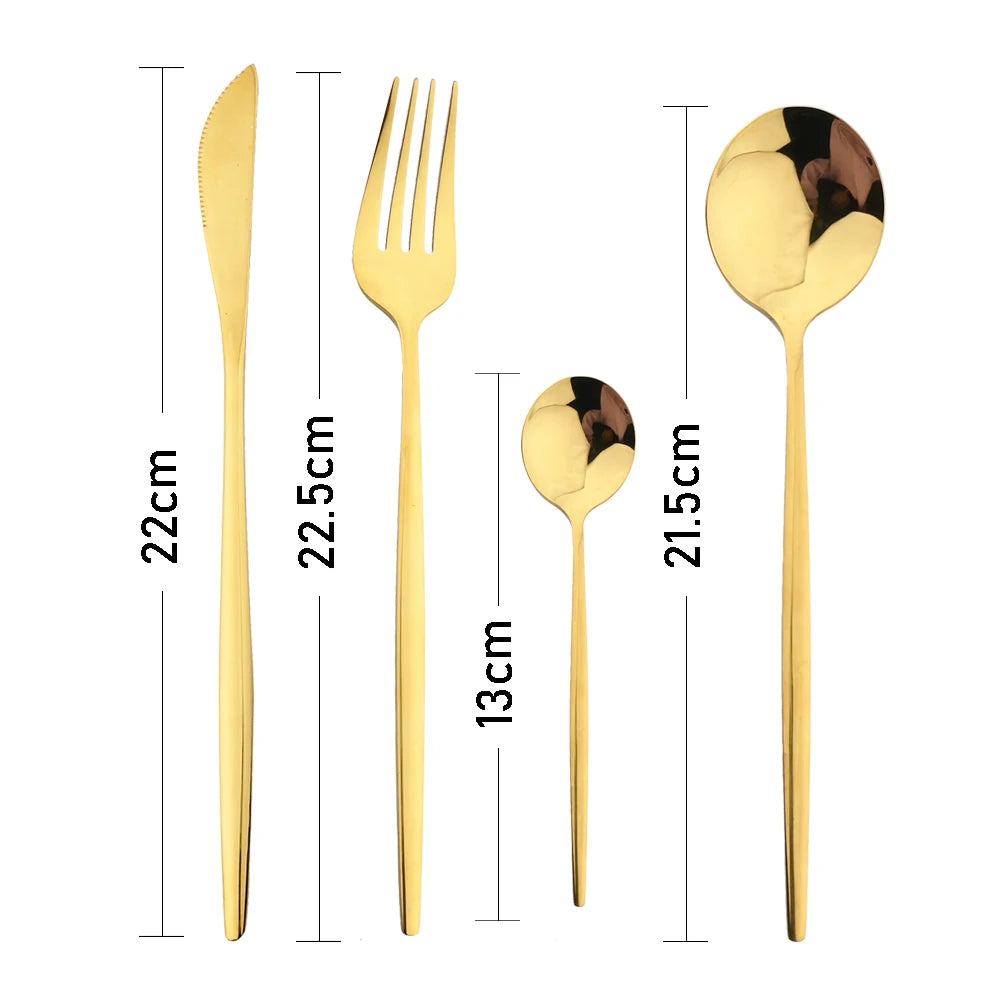 Juego de cubiertos dorados con mango negro, 24 Uds., cuchillo de acero inoxidable, tenedor, cuchara, vajilla, juego de cubiertos, vajilla de cocina para Festival, regalo