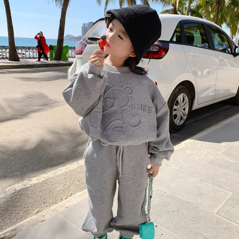 Conjunto de ropa informal para niña de 3 a 8 años, sudadera de manga larga con estampado de oso de dibujos animados, pantalones, 2 piezas, ropa deportiva