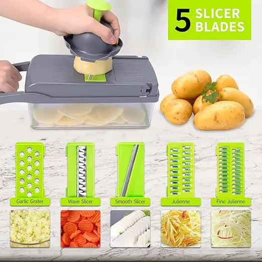 Picadora de verduras, juego sin esfuerzo, cortador de tomate y cebolla, exprimidor de limón, 13 cuchillas, contenedor sin BPA, esencial de cocina gris