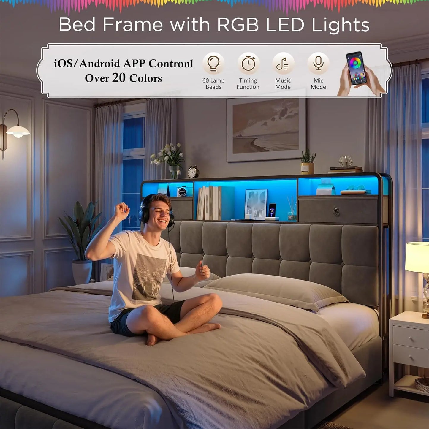 Base de Cama King con 6 Cajones, Luces LED, Cabecera de Terciopelo, Estación de Carga, Sin Somier, Silenciosa, Fácil Montaje, Gris