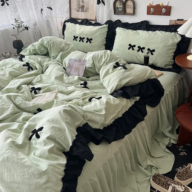 Juego de cama de algodón con lazo negro, funda nórdica suave y agradable para la piel estilo princesa para niña, sábana o funda de almohada para falda de cama