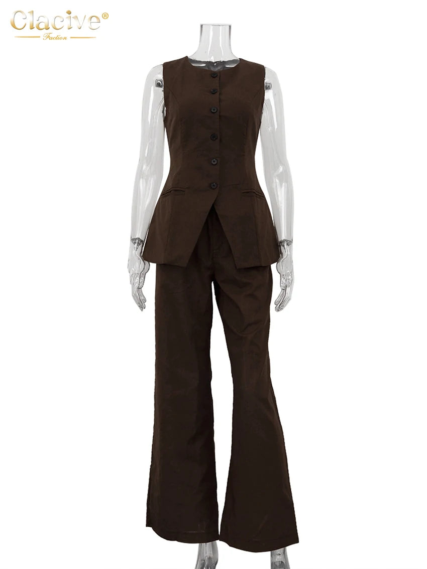 Clacive, conjunto de pantalones de lino marrón ajustados de verano, camiseta sin mangas a la moda para mujer de 2 piezas con pantalones anchos de cintura alta, trajes para mujer