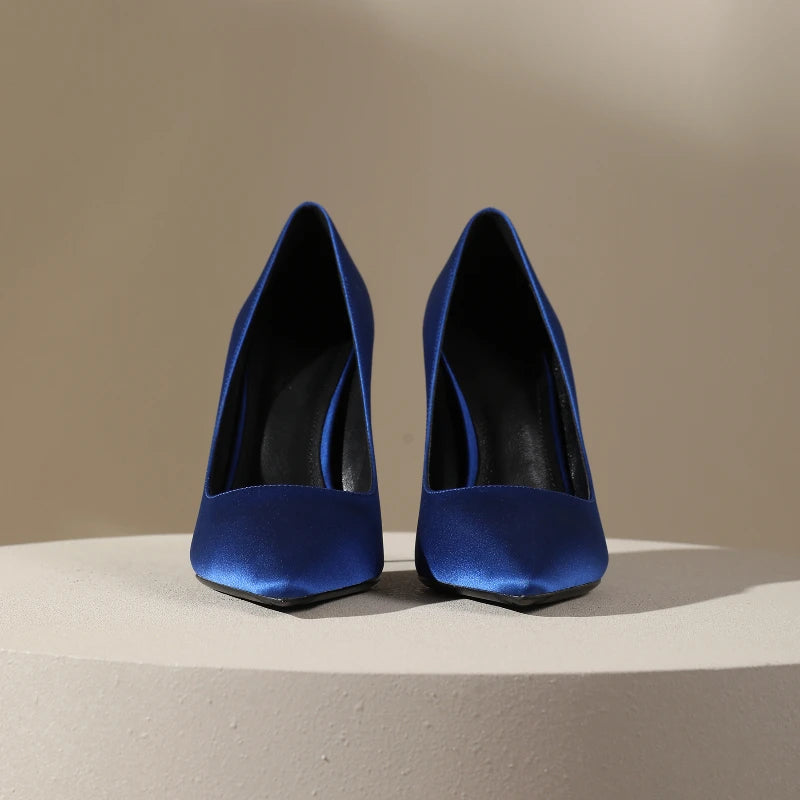 Zapatos de tacón de seda estilo socialité, tacones delgados para mujer, sexy con punta abierta, azules para vestido formal, zapatos individuales de temperamento francés