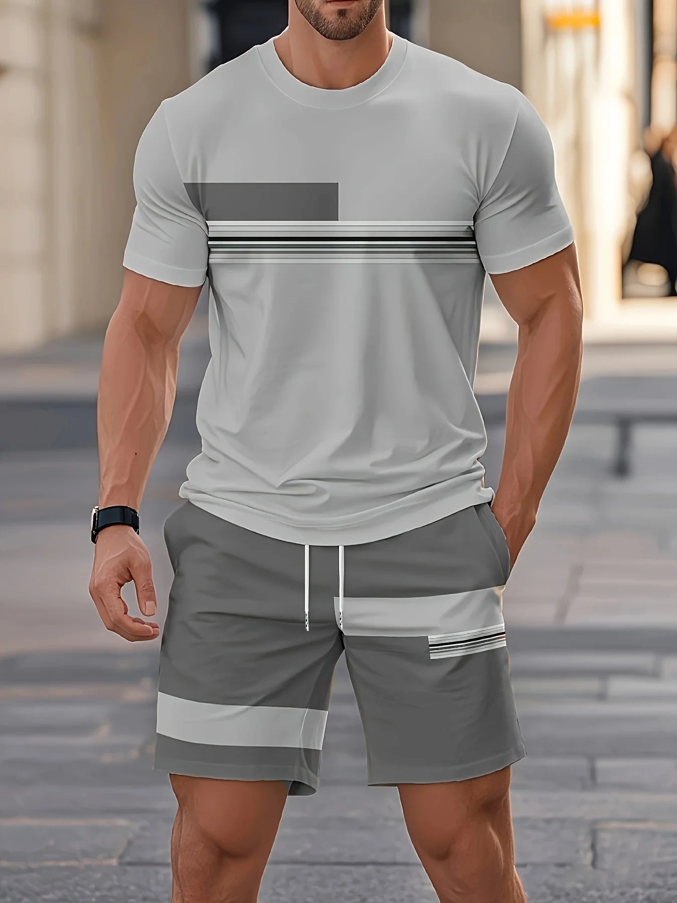 Nueva ropa deportiva de verano para hombre, conjunto de camiseta de manga corta a rayas, ropa de viaje al aire libre de dos piezas, pantalones cortos de ajuste relajado, ropa de entrenamiento
