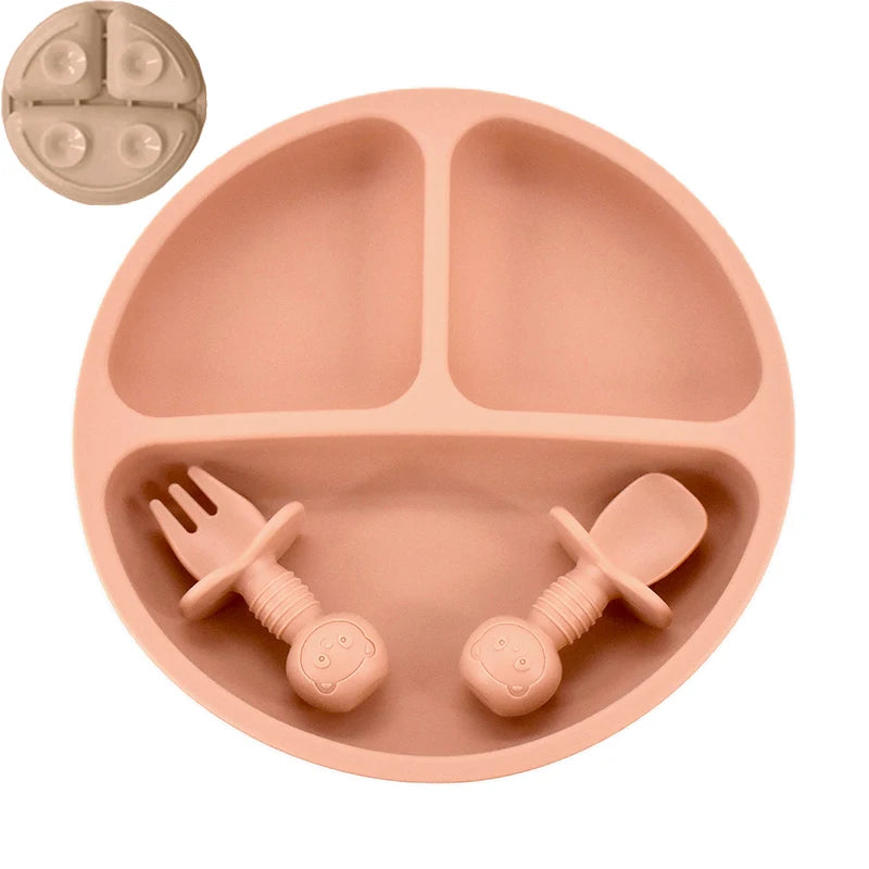 4 unids/set plato de comedor de silicona seguro para bebé, platos sólidos de dibujos animados para niños, juego de vajilla para bebé con cara sonriente, plato Retro para niños