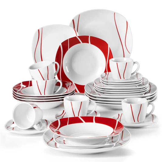 MALACASA-Juego de cena de porcelana serie Felisa, juego de tazas, platillos, postre, sopa, plato de cena, rayas rojas, marfil, blanco, 30 piezas