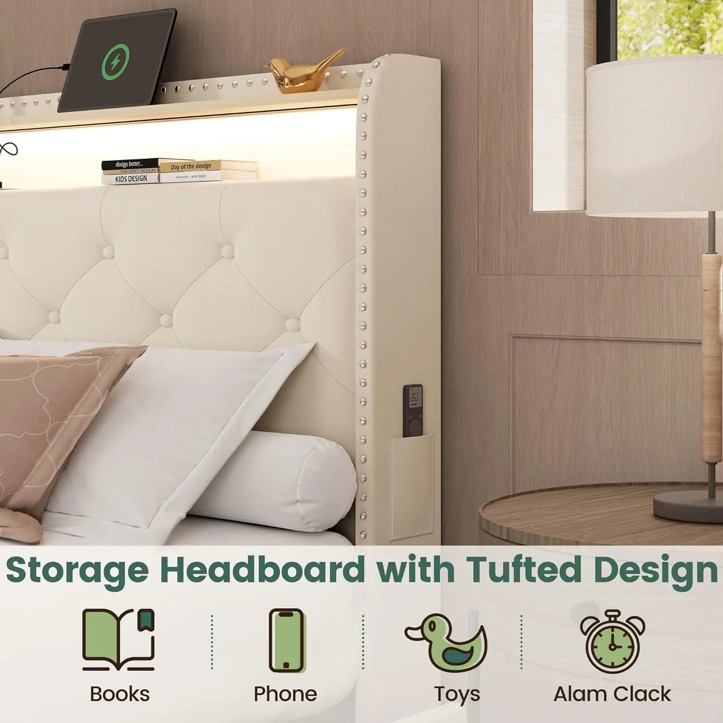 Base de Cama Queen Size con 4 Cajones de Almacenamiento y Estación de Carga, Base de Cama Tapizada en Terciopelo con LED, Personalizable