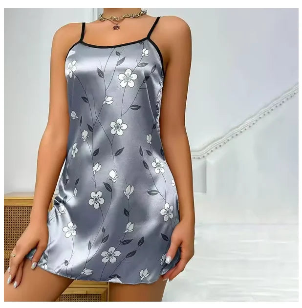 Camisón Sexy con tirantes para mujer, lencería Sexy de satén de seda, ropa de dormir con pintura Floral, minivestido para el hogar
