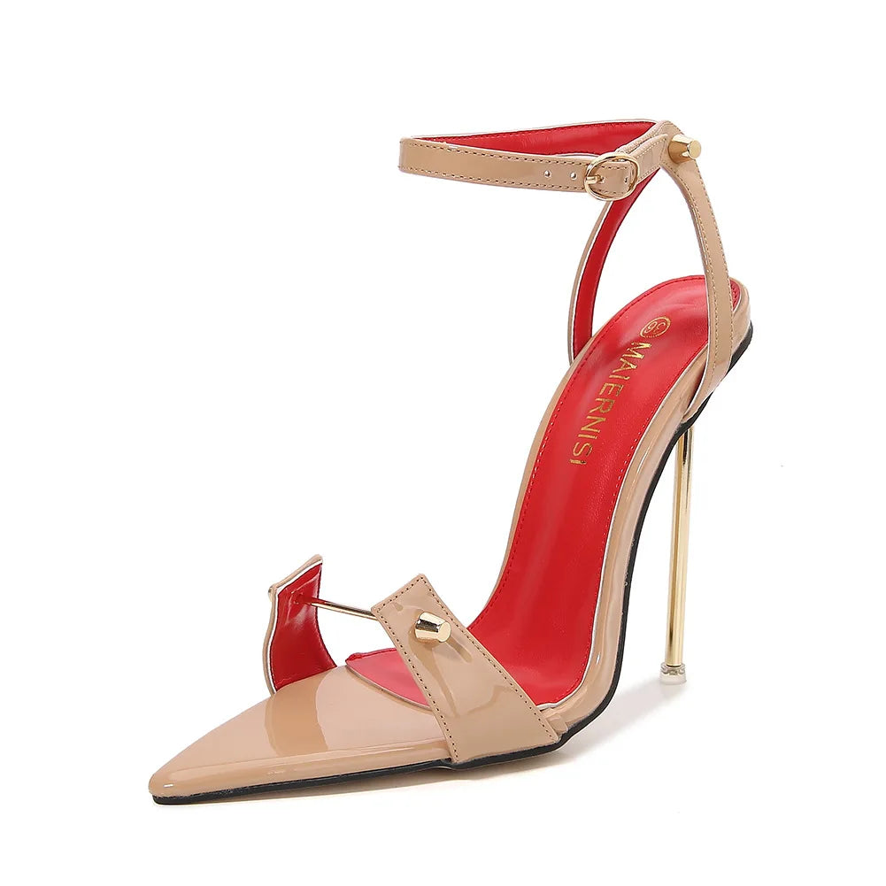 Sandalias de tacón alto con punta estrecha y decoración de Metal para mujer, zapatos de tacón súper alto con correa y hebilla de PU, zapatos de tacón para actuación en escenario de 12cm
