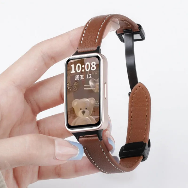 Correa de cuero magnética para Huawei Band 10, 9, 8, NFC, repuesto deportivo suave, Correa transpirable, pulsera, accesorios