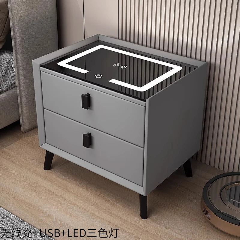 Mesita de noche de madera inteligente con altavoz cargador inalámbrico, mesita de noche minimalista moderna de dos cajones, muebles multifuncionales para el hogar