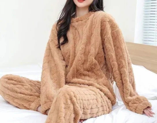 Otoño Invierno suelto dulce Casual pijamas conjunto de mujer de lana gruesa de manga larga Top hogar cintura elástica pantalones largos pantalones