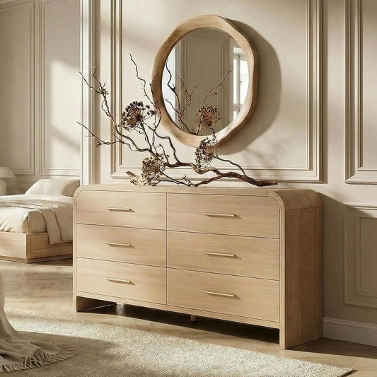 Curved 6-Drawer Dresser 54" Wide Modern Chest Vanity TV Stand Closet Nursery Hallway Oak, Customized