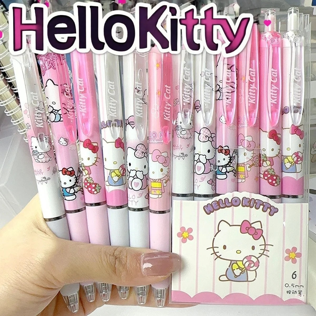 Juego de 6 bolígrafos de gel de alta calidad de Hello Kitty Melody, edición limitada, serie de dibujos animados, negro, 0,5 mm, papelería diaria para estudiantes/oficina