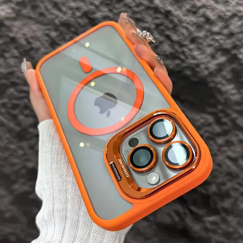 Funda de teléfono magnética de lujo a prueba de golpes para iPhone 16 15 14 13 12 11 Pro Max Plus Pro Funda con soporte de protección de lente de vidrio contraportada