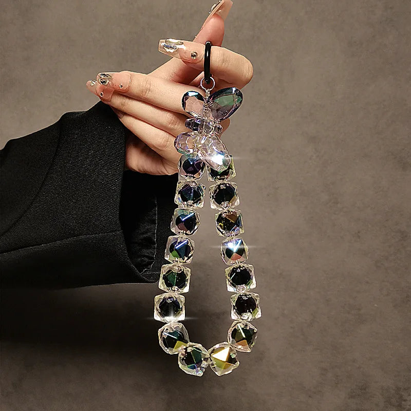 Cordón de lujo para teléfono, lazo acrílico brillante de cristal, dijes para teléfono, cadena corta para muñeca, se puede llevar a mano, colgante de cuentas de cadena