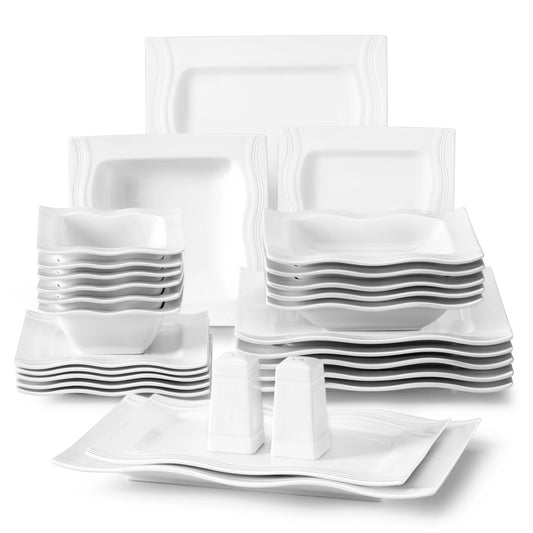 MALACASA Juego de vajilla cuadrada, platos y cuencos de porcelana blanca de 28 piezas, juego de cena para sal, pimienta, ensalada, Pasta