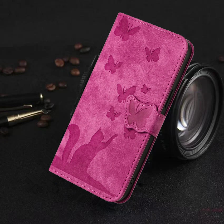 Funda tipo cartera de cuero con diseño de gato y mariposa para iPhone 17, 15, 16, 14, 13, 12, 11 Pro Max, iPhone 15 Plus