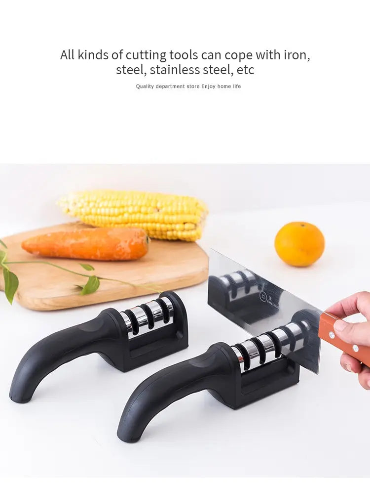 Afilador de cuchillos de tres segmentos para cocina, herramienta de cocina de piedra para afilar de tres usos, multifuncional, color negro, 1 ud.