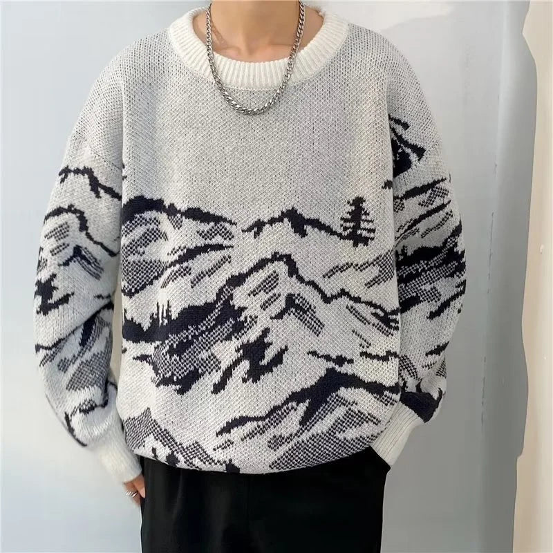 Suéteres de Jacquard con gráfico de montaña para hombre, jerséis de punto informales de manga larga Y2K, prendas de punto Vintage con cuello redondo, otoño