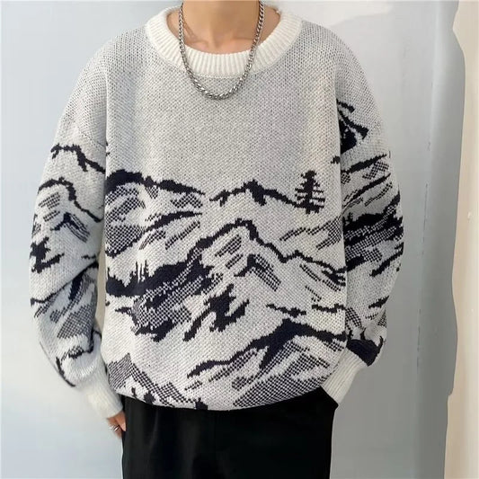 Suéteres de Jacquard con gráfico de montaña para hombre, jerséis de punto informales de manga larga Y2K, prendas de punto Vintage con cuello redondo, otoño