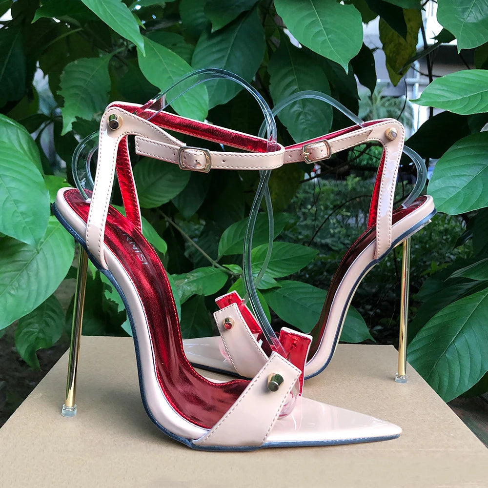 Zapatos de tacón de aguja para mujer, tacones altos de Metal de 12cm, sandalias sexis con correa en el tobillo y punta puntiaguda, modelo fetiche SM Man Drag Queen, zapatos Unisex