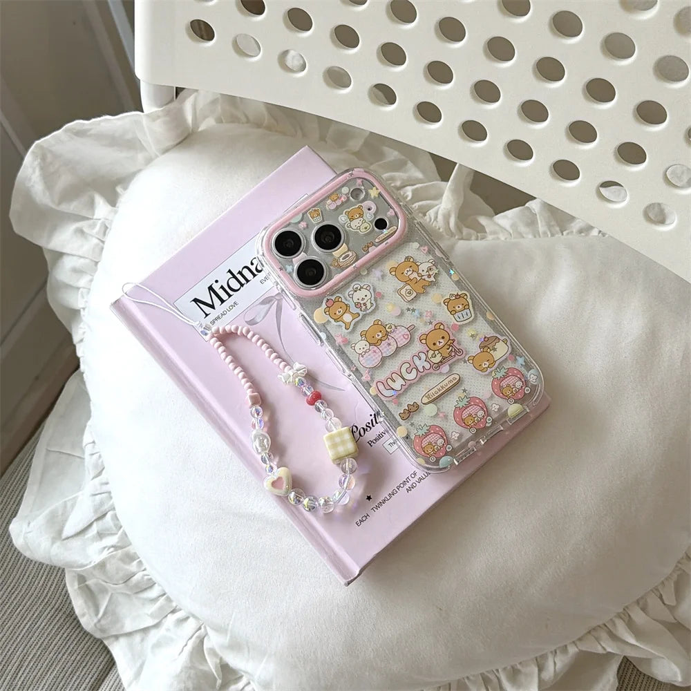 Funda de Teléfono con Diseño de Rilakkuma y Fresas para iPhone 17 Pro, 16 Pro Max, 15 Pro, con Cadena, Fundas Kawaii de Dibujos Animados, Antigolpes