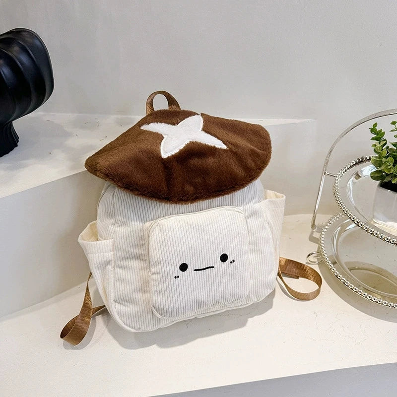 Mochila Kawaii de felpa con forma de seta para mujer, bolso de mano bonito con correas ajustables, cierre de cremallera, mochilas de estudiante de pana roja/blanca