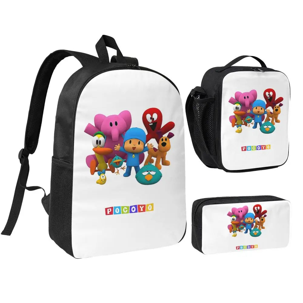 Mochila azul de dibujos animados de Pocoyo para niños, mochila escolar, bolsos de hombro para ordenador, bolsa de almuerzo aislada de 3 piezas, estuche para lápices